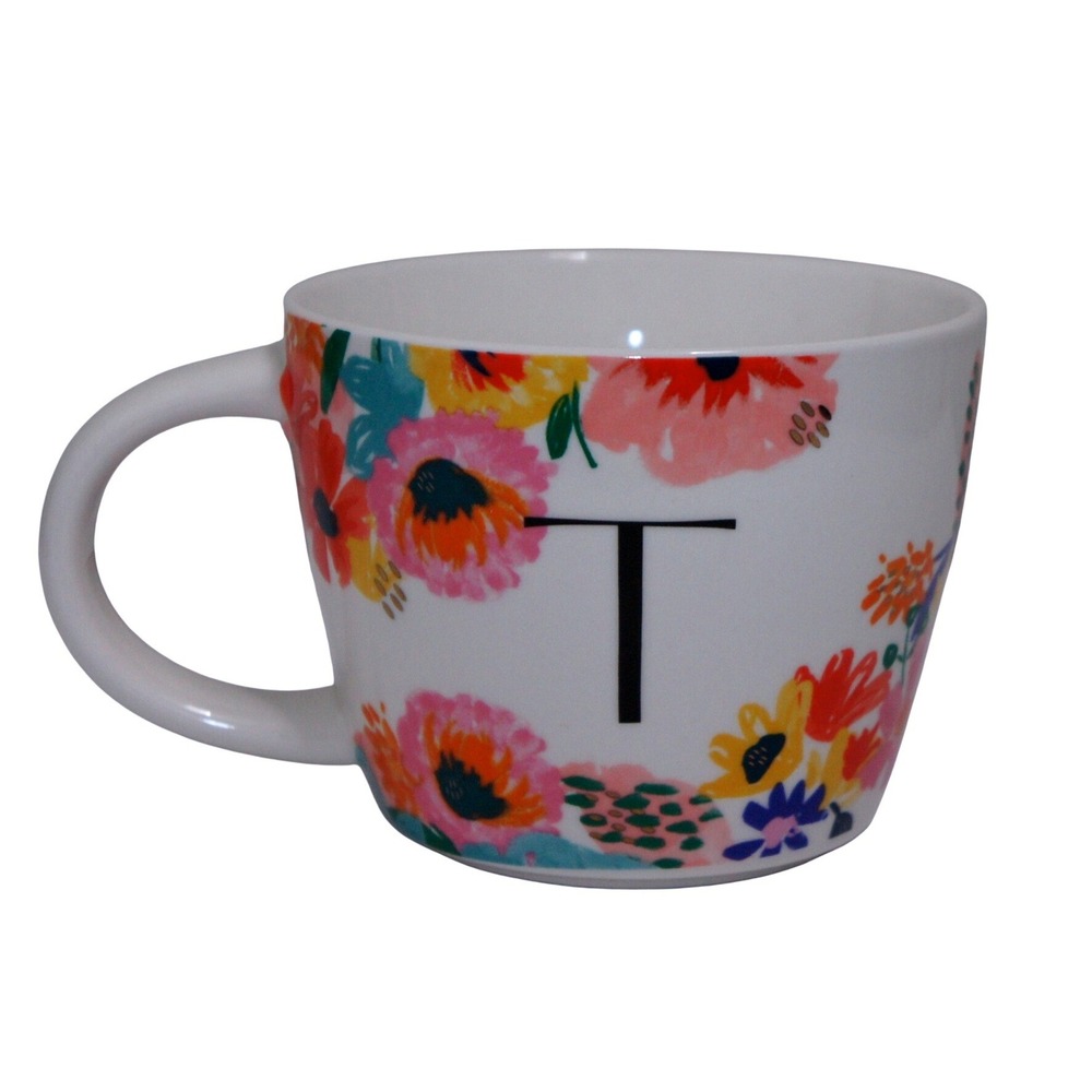Opalhouse Coffee Mug Initial T White Floral Stoneware Personalized Cup